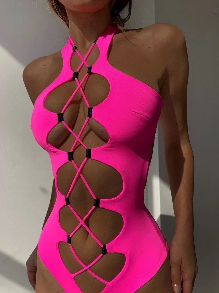 Hollow Out Swimwear Women 2025 High Neck Solid Black Cut Out Backless Monokini Bandage Bathing Suit Holiday One Piece Swimsuit