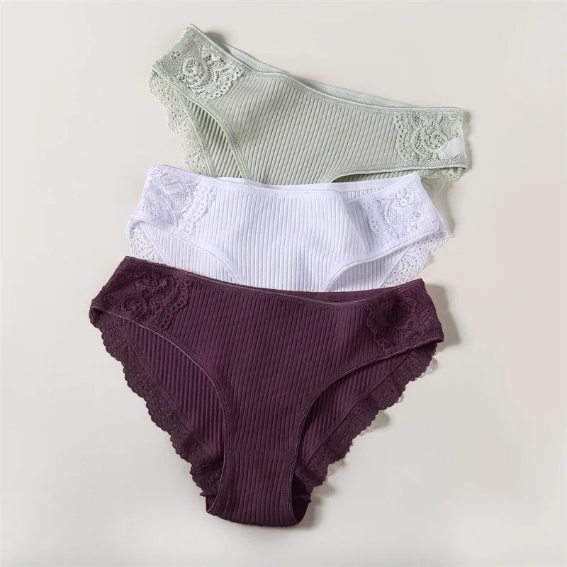 3Pcs/set Women's Cotton Panties M-2XL Trendy Patchwork Lace Underwear Female Low Waist Briefs Ladies Comfortable Underpants 2023
