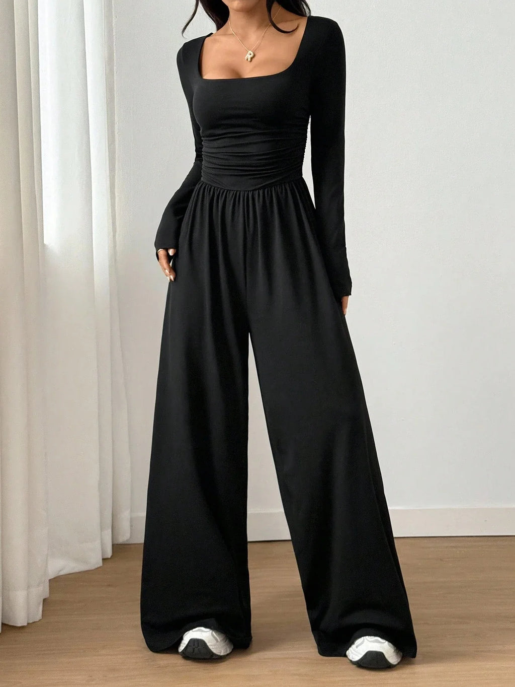 Women's Casual Solid Color Square Neck Long Sleeve A-Line Jumpsuit Pleating Wide Leg Loose Mopping Jumpsuit Spring/Fall 2026