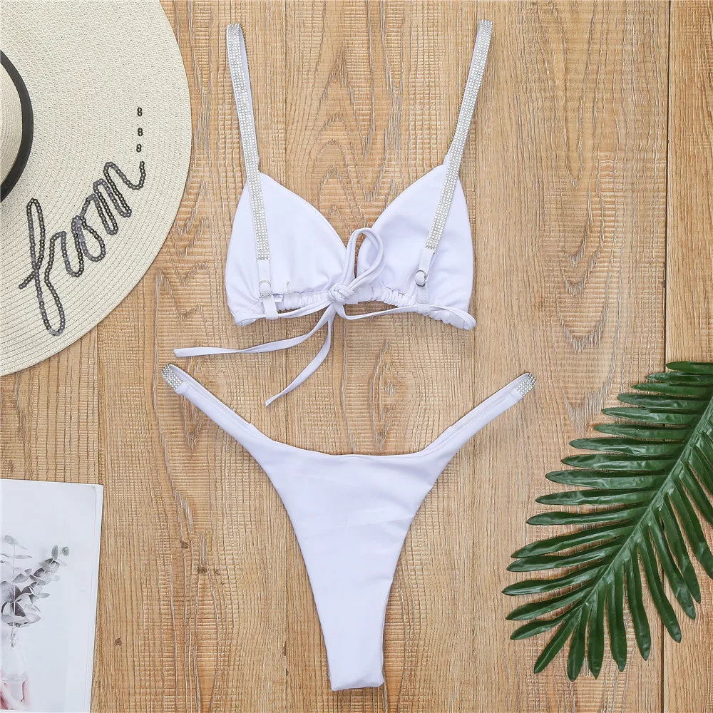 Diamond Swimwear Women 2025 Sexy Pink Micro Bikini Brazilian Black Rhinestone Thong Swimsuits Beach Push Up Bathing Suit Biquini