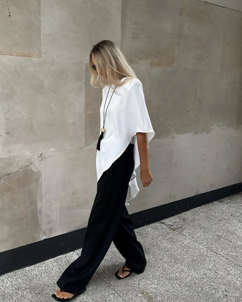 Trendix White Asymmetrical Cover Up For Women Fashion Ruffle Hem Loose Short Sleeve Shirts Casual Elegant Commuting Pullover Top