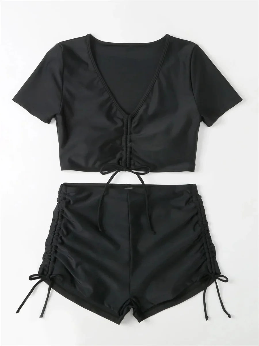 Sexy Drawstring Bikini Set 2026 Women Green Black Short Sleeve Two Piece Swimsuit Summer Bathing Suit Pleate High Waist Swimwear