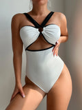 New White Black Patchwork Swimwear Women Halter Metal Ring Linked Hollow Out Slim Tummy Control One Piece Swimsuit Monokini 2025