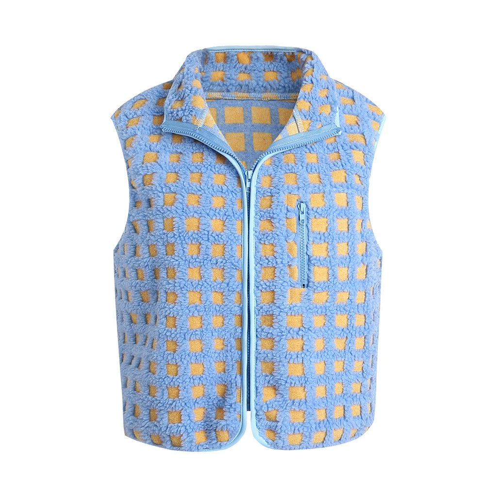 Women’s Fuzzy Checkered Vest Sleeveless Stand Collar Zip Up Vest Jacket Loose Spring Fall Warm Outwear