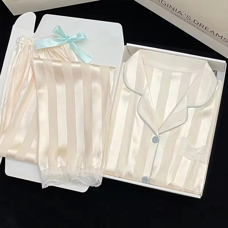 High Quality Ice Silk Light Luxury Pajamas Women's Pajama Spring and Autumn Style Long Sleeve Home Set Satin Nightwear Sleepwear