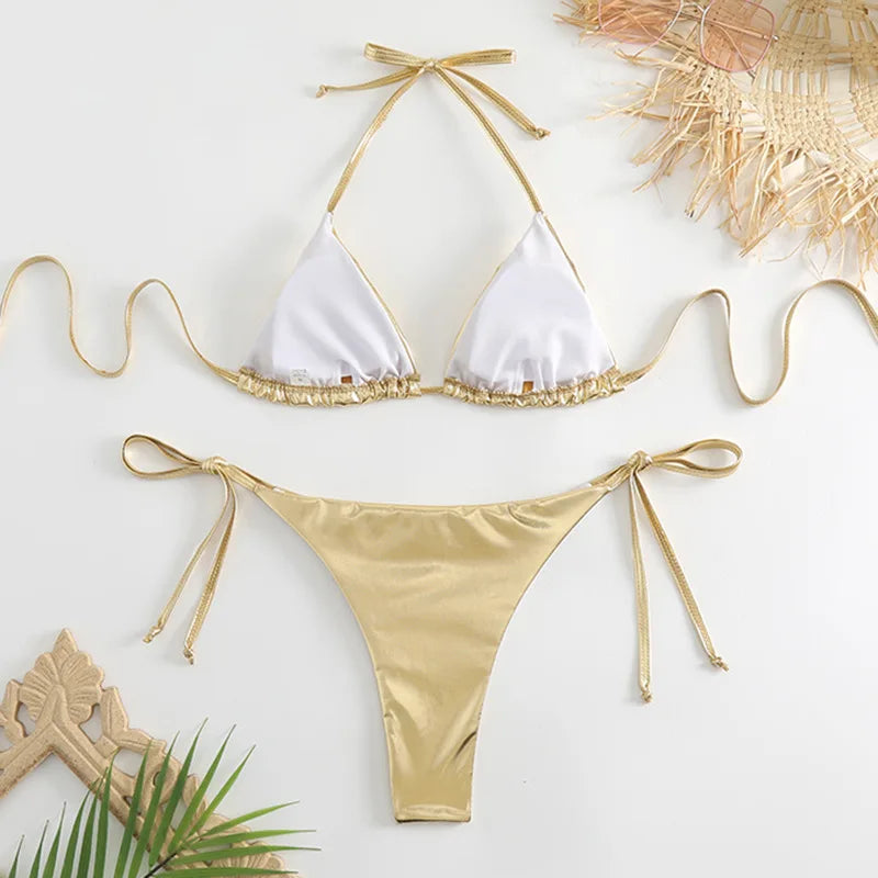 Sexy Brozing Gold Bikinis Sets Women Push Up Micro Bikini Swimsuit 2026 Brazilian Beach Bathing Suit Tie Side Triangle Swimwear