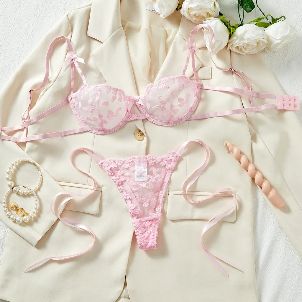 French Lace Heart Bra Set Girls Sexy Women Bralette Adjustable Transparent Embroidery Underwear Thong Bras Lingerie Panties Sets