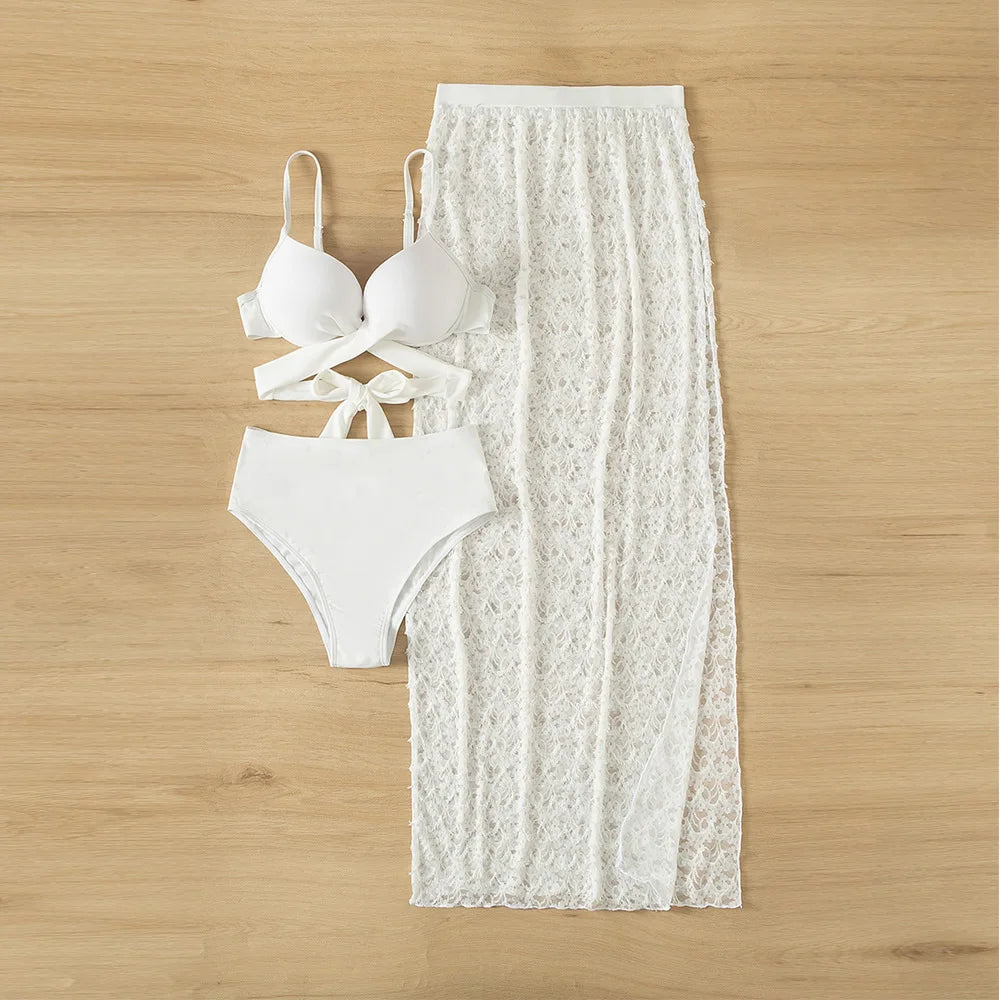 Sexy White 3 Pieces Skirt Bikinis Set Women Black Push Up Criss Cross Underwire Swimsuit 2025 Lace Cover-ups High Waist Swimwear