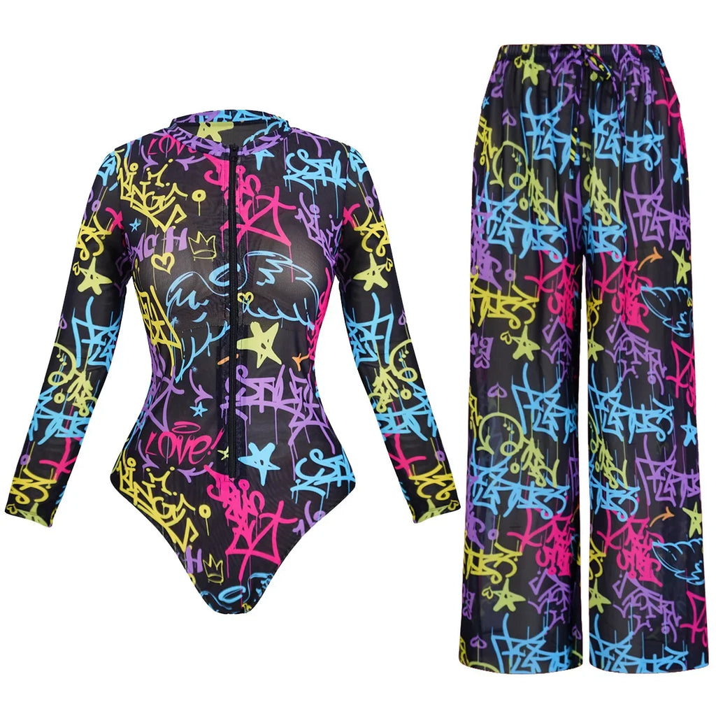 UPF35 Long Sleeved Sunscreen Swimsuit Long Pants Set Women Black Geometry Print Zipper Slim Fit Swimwear Bodysuit Beachwear 2025