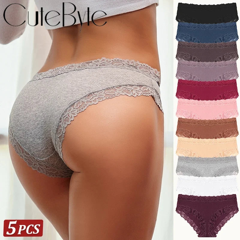 5PCS/Set Women Cotton Panties Sexy Lace Low Waist Briefs Stretch Comfortable Ladies Underwear Soft Breathable Intimate Lingerie
