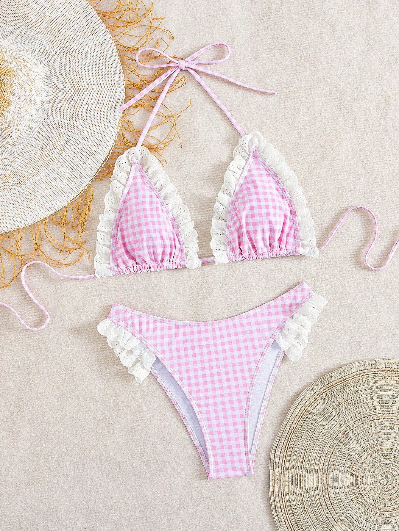 Cute Pink Plaid Print Micro Bikini 2026 Women Ruffles Lace Patchwork Push Up High Waist Swimsuit Bathing Suit Holiday Swimwear