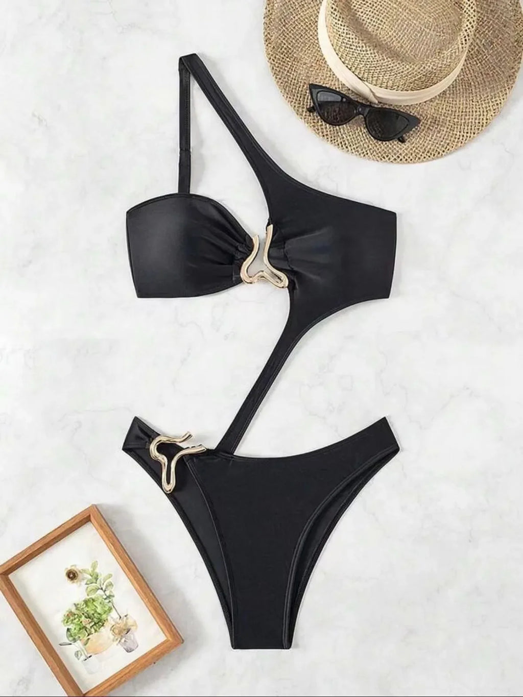 2026 Women's Sexy Black Cut-Out Bikini One Shoulder Metal Designer Backless Thong One-Piece Swimsuit Summer Swimsuit бикини