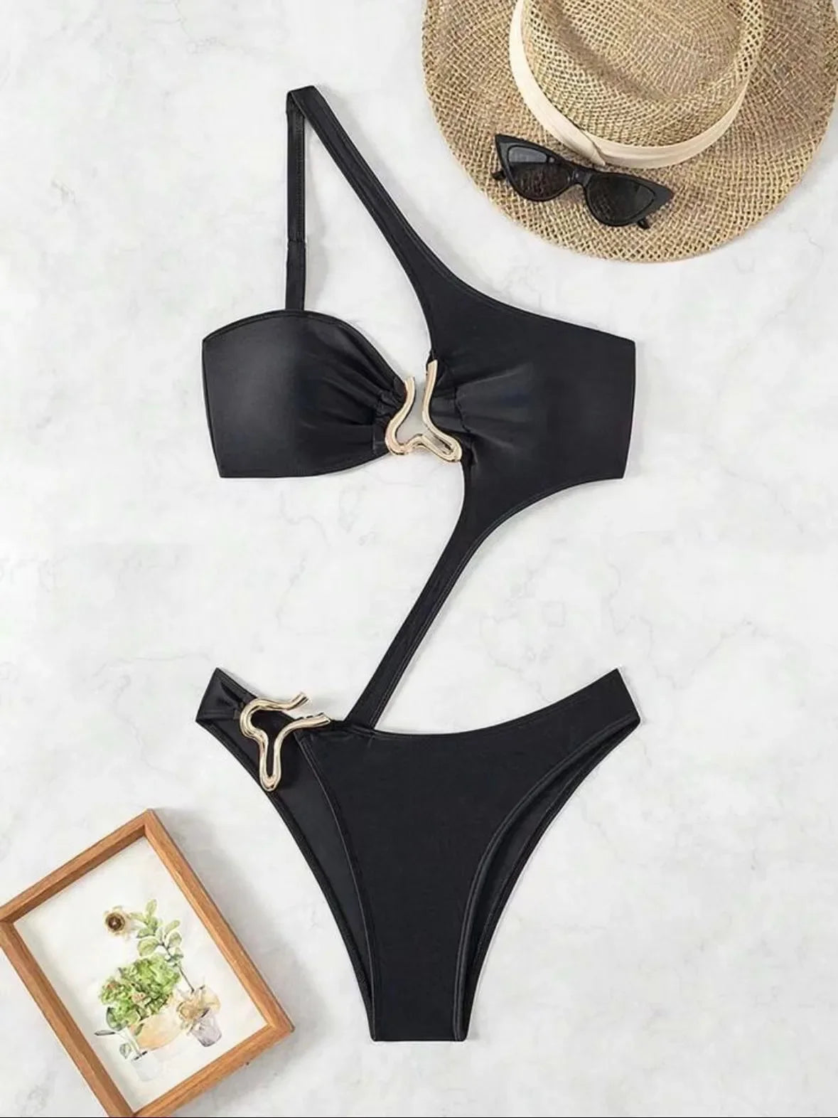 2026 Women's Sexy Black Cut-Out Bikini One Shoulder Metal Designer Backless Thong One-Piece Swimsuit Summer Swimsuit бикини