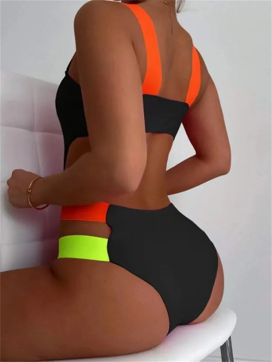 Sexy Black Contrast One Piece Swimsuit 2025 Women Neon Strap Hollow Out Backless Monokini Summer Bathing Suit Patchwork Swimwear