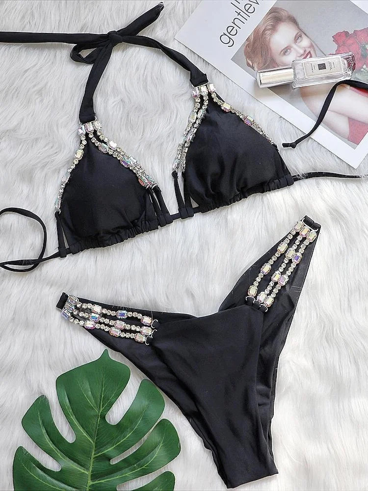 Sexy Rhinestone Bikini Set 2025 Shinny Hot Pink Push Up Thong Swimsuit Brazilian Diamond Metal Chain Beach Bathing Suit Swimwear