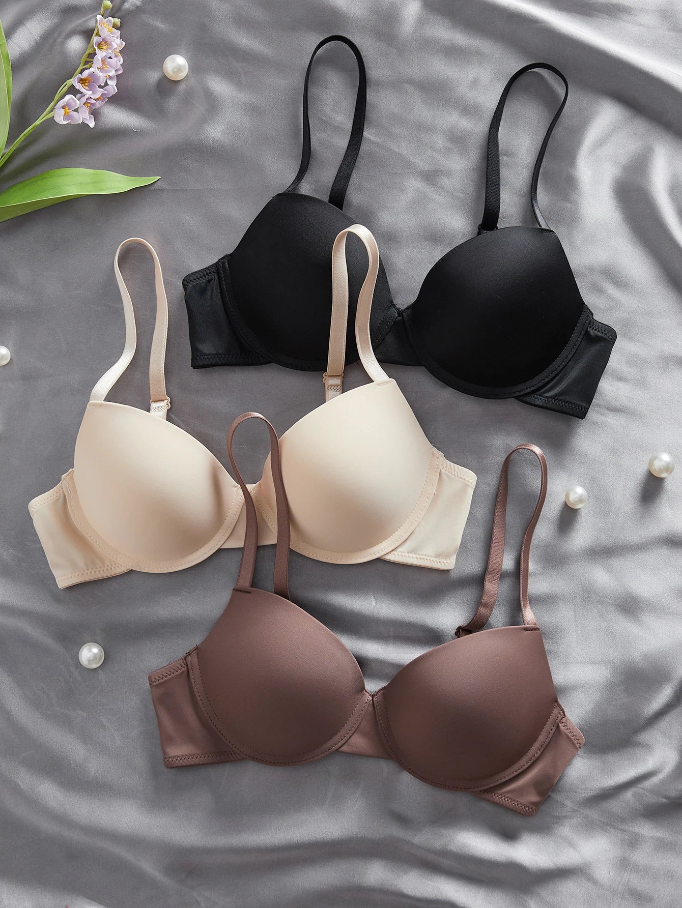 3Pcs Solid Women's Underwear Set Everyday Push up Bra Basic Underwire Bras Supportive and Comfortable Unpadded Women's Bra
