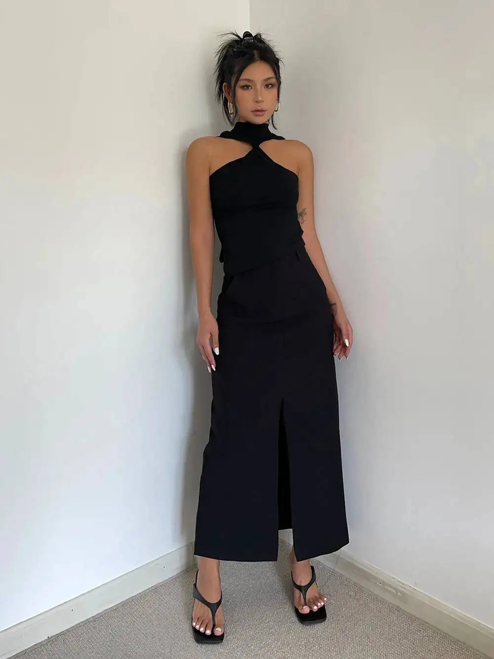 WOMENGAGA Retro High Waist Half Skirt Girl Bifurcate Slim A-LINE Gray Skirts Fashion American Spicy Girls 2023 New 5P2F
