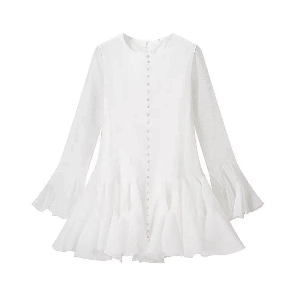 Women's Fashion Ruffled Hem Patchwork Short Dress Blush Pink Ruffled Mini Dress For Women Sleeves Front Button Hem Fashion T0PU