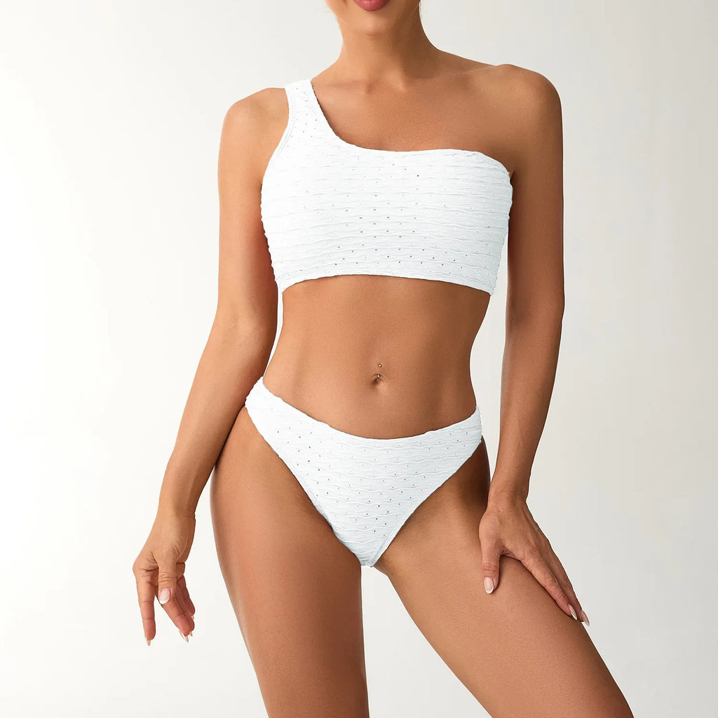 2026 New Style Breathable Quick Dry Solid Color Single Shoulder Bikini Sexy Swimsuit Women's High Elasticity Thickened Backless