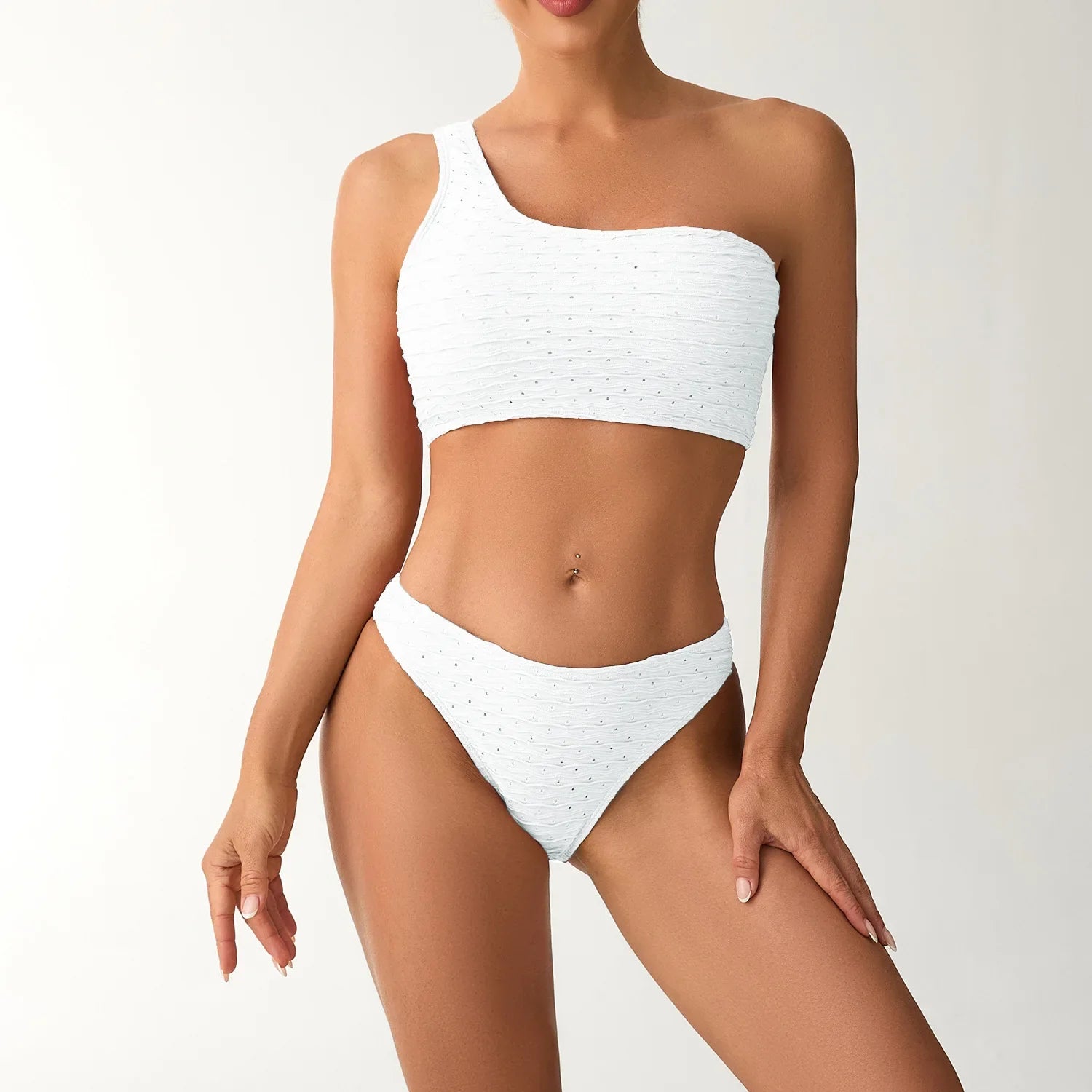 2026 New Style Breathable Quick Dry Solid Color Single Shoulder Bikini Sexy Swimsuit Women's High Elasticity Thickened Backless