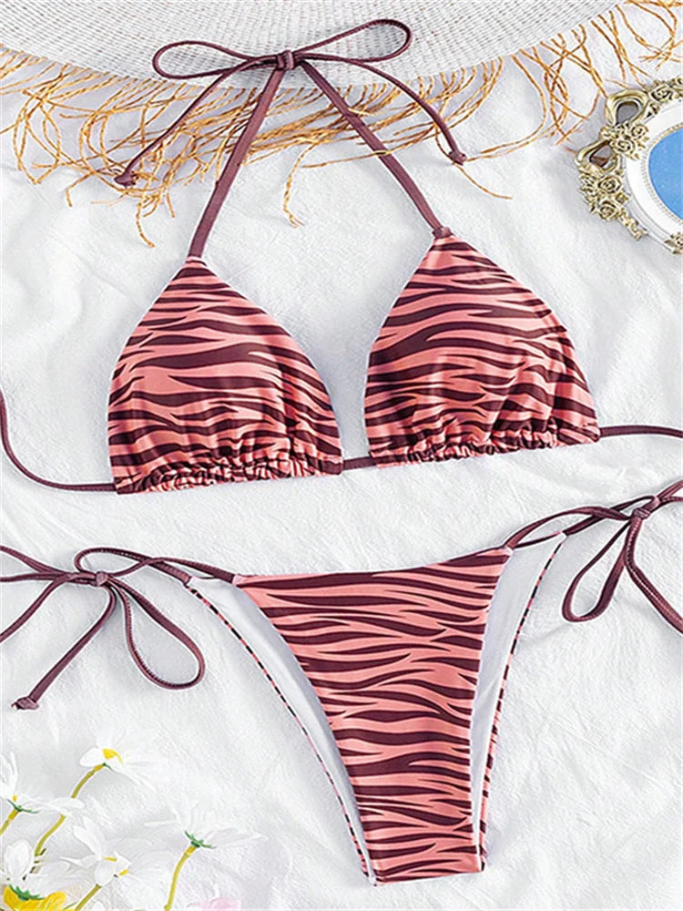 Sexy Zebra Striped Bikini Women Halter Push Up Triangle Swimsuit Brazilian Summer Bathing Suit Micro Swimwear 2025 Swimming Suit