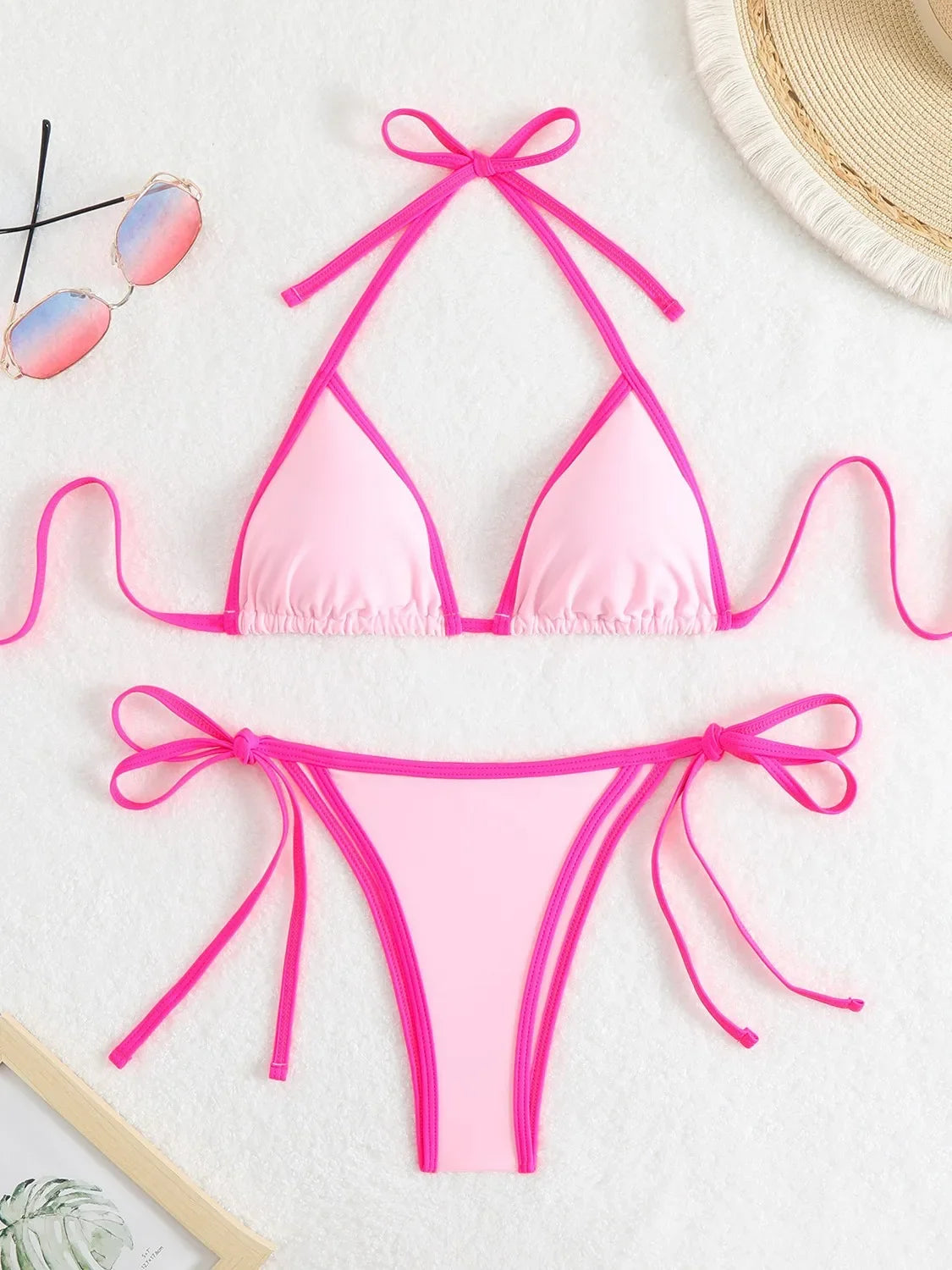 Sexy Micro Bikini 2025 Women Pink Blue Contrast Push Up Tie Side Thong Swimsuit Brazilian Beach Bandage Bathing Suit Swimwear