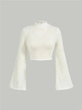 Casual Black Mock Neck Flare Long Sleeve Crop Top Women Fall Winter Y2K Clothes Solid Color Slim Fit Tee Shirt Blouse Streetwear