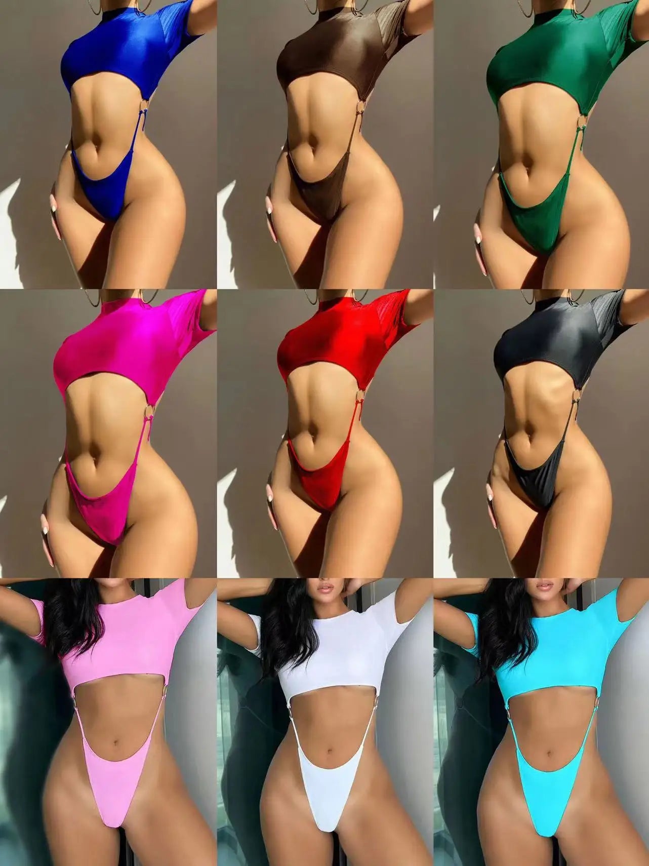 Bikini Women Swimsuit 2024 Blue Short Sleeve Hollow Out Thong Monokini Brazilian Beach Bathing Suit Push Up One Piece Swimwear