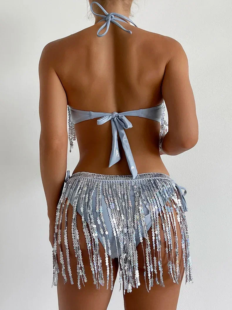 Shiny Glitter Bikini Set 2025 Women Sexy Bandeau Push Up Sequin Tassel Swimsuit Ladies Beach Bathing Suit High Waist Swimwear