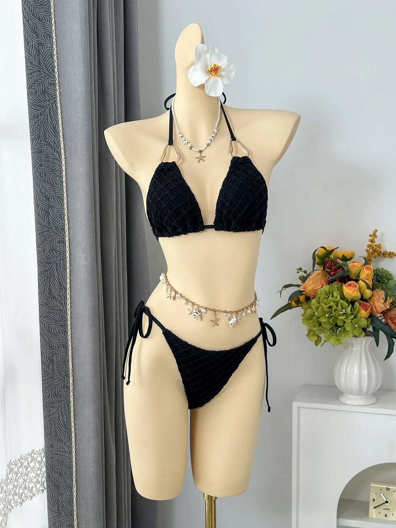 Vintage Beige Black Mesh Skirt 3 Piece Bikini Set 2026 Women Metal Chain Strap Push Up Bra Swimsuit Beach Bathing Suit Swimwear