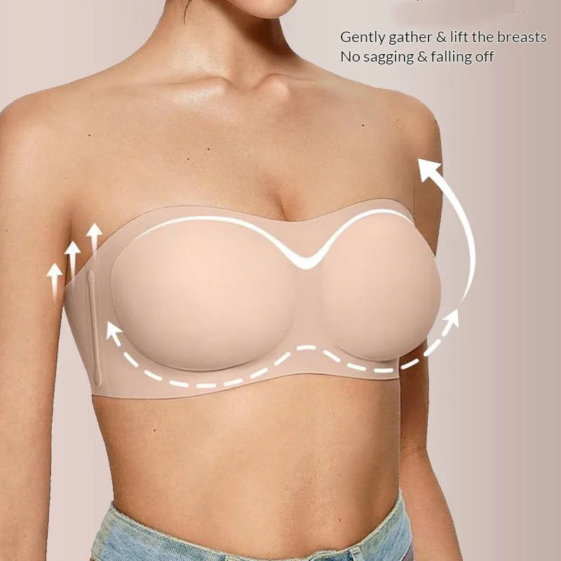 Women's Strapless Bra with Push-up Support Non-slip Bra Comfortable and Breathable Solid Color Bra for Women