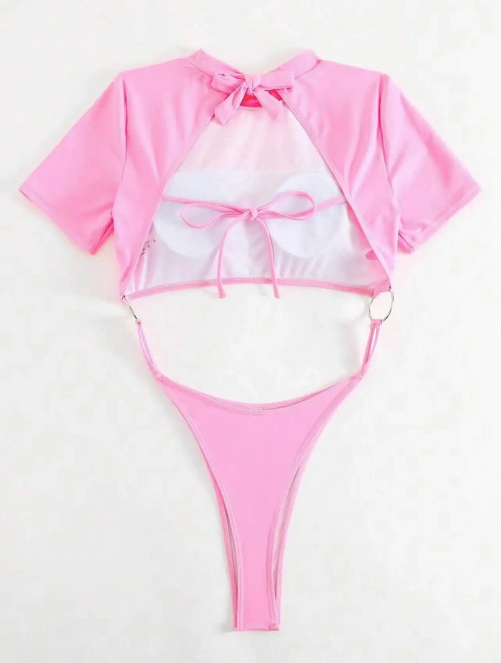 Bikini Women Swimsuit 2024 Blue Short Sleeve Hollow Out Thong Monokini Brazilian Beach Bathing Suit Push Up One Piece Swimwear