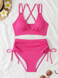 Women's Two Piece Swimsuit Black Double Strap Push Up Pleate Drawstring Side High Waist Bikini 2025 Beach Bathing Suit Swimwear