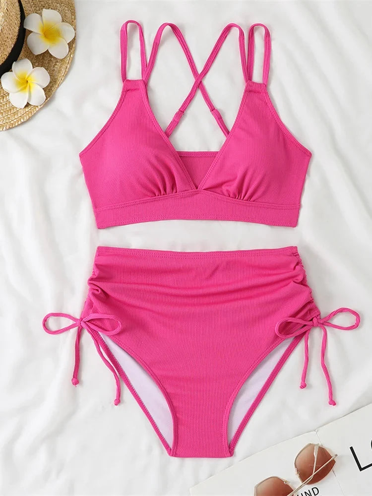 Women's Two Piece Swimsuit Black Double Strap Push Up Pleate Drawstring Side High Waist Bikini 2025 Beach Bathing Suit Swimwear