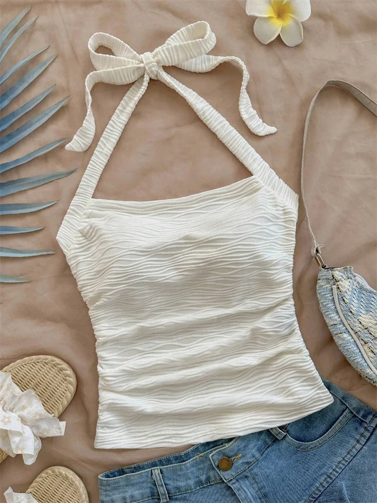 Wave Pattern Solid Color Halter Crop Top for Women Summer Sexy Ruched Waist Backless Cami Top Tank Top Streetwear Y2k Clothes