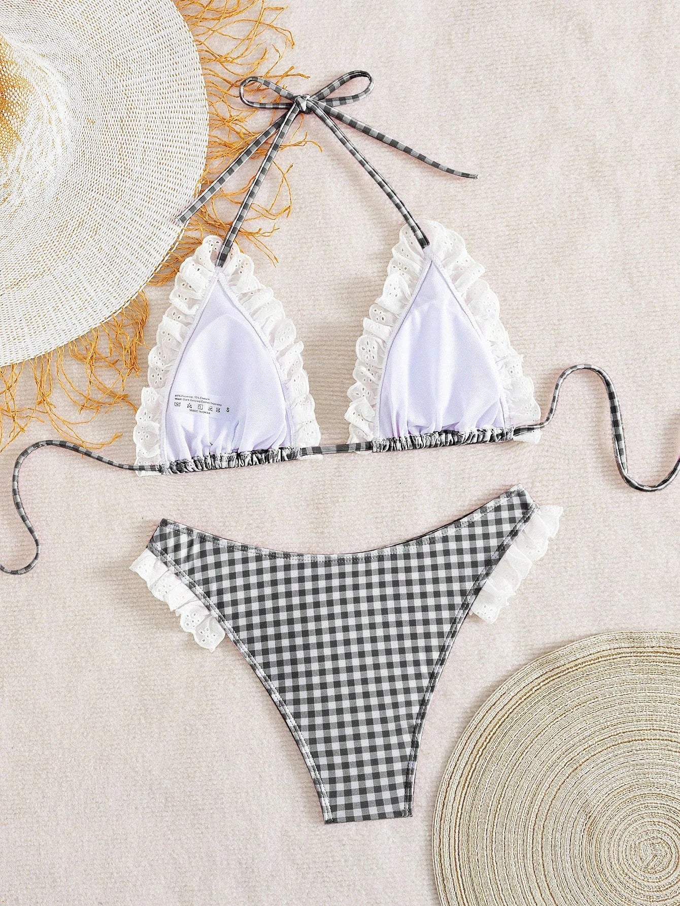 Cute Pink Plaid Print Micro Bikini 2026 Women Ruffles Lace Patchwork Push Up High Waist Swimsuit Bathing Suit Holiday Swimwear