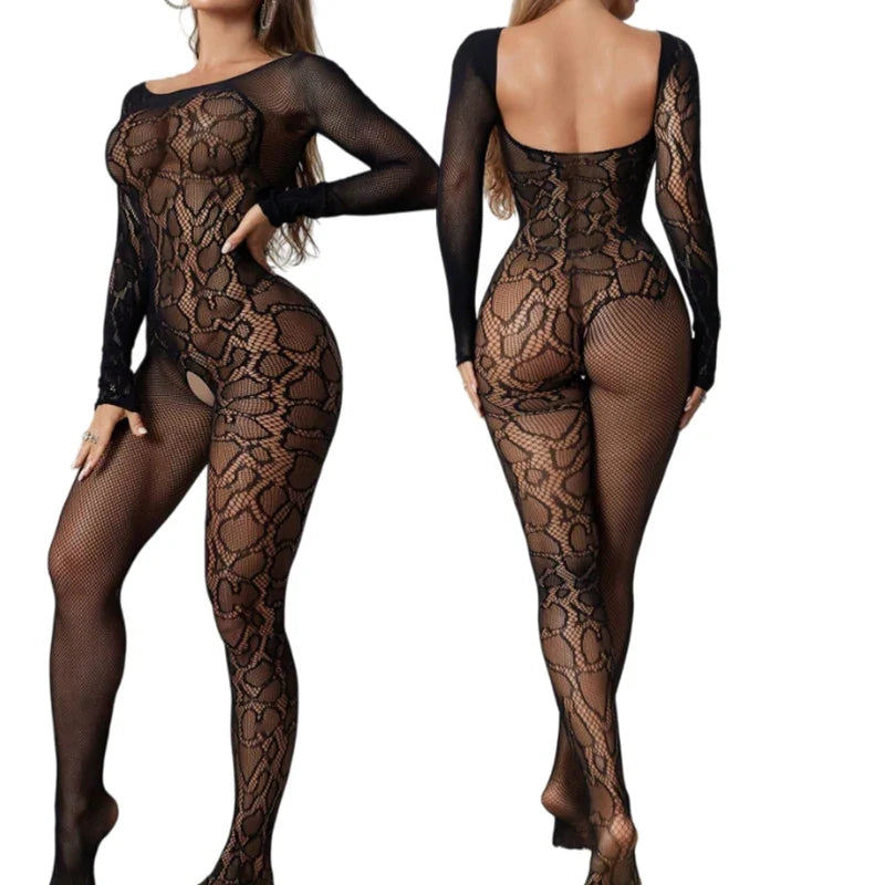 Open Bra Leopard Print Long Sleeves BodySuits Erotic Lingerie Transparent Backless Bodystocking Sexy Fishnet Hollow UnderwearSet