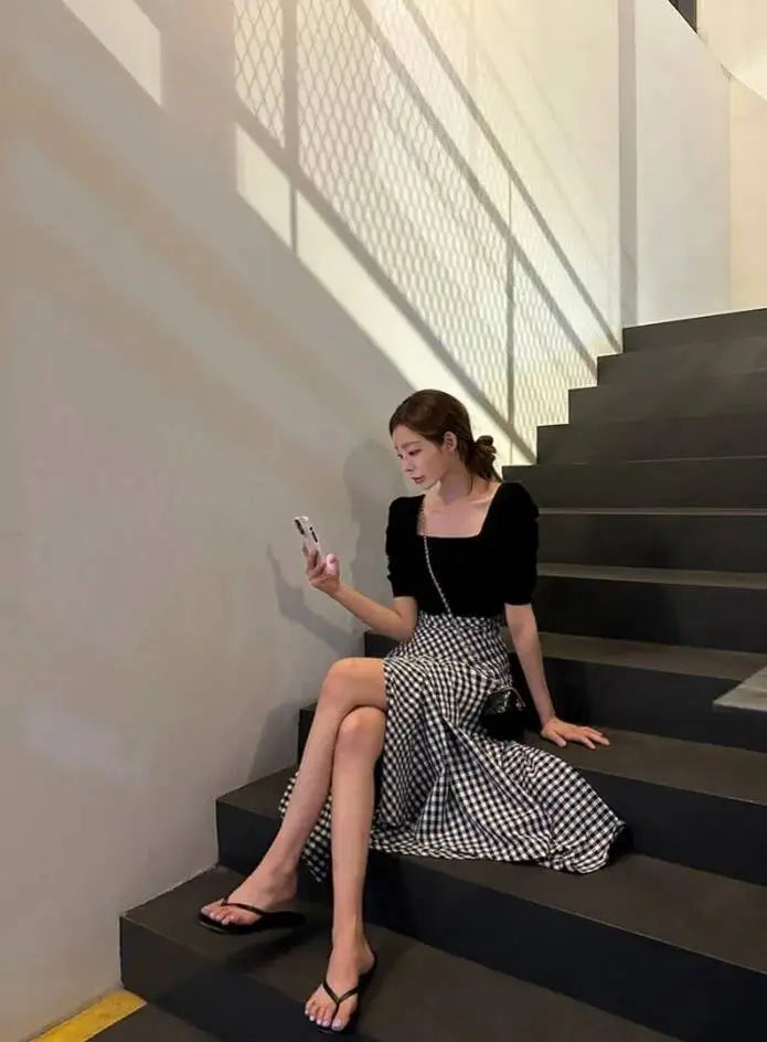 WOMENGAGA Korea Style 2023 Spring/Summer New High Waist Elegant Split Plaid Skirts Half Length Skirts Fashion Women 2023 22IV