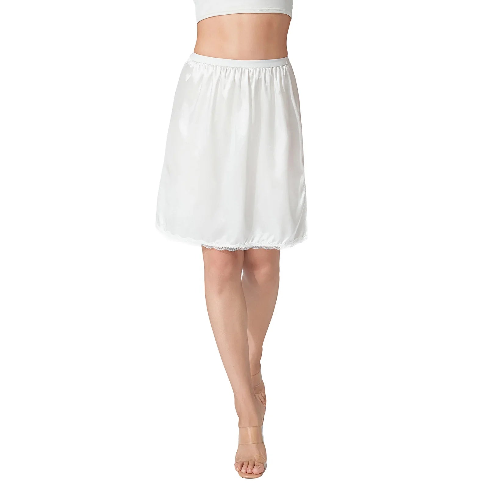 Women's Solid Color Skirts Elastic Waist Satin Underskirt Lace Trim Skirt for Under Dresses Black/White
