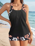 Women's Conservative Two Piece Swimsuit Black Stripe Print Patchwork Crop Top Tankini Set Beach Bathing Suit High Waist Swimwear