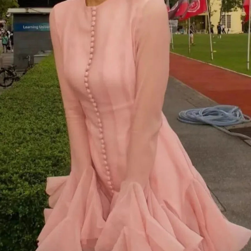 Women's Fashion Ruffled Hem Patchwork Short Dress Blush Pink Ruffled Mini Dress For Women Sleeves Front Button Hem Fashion T0PU