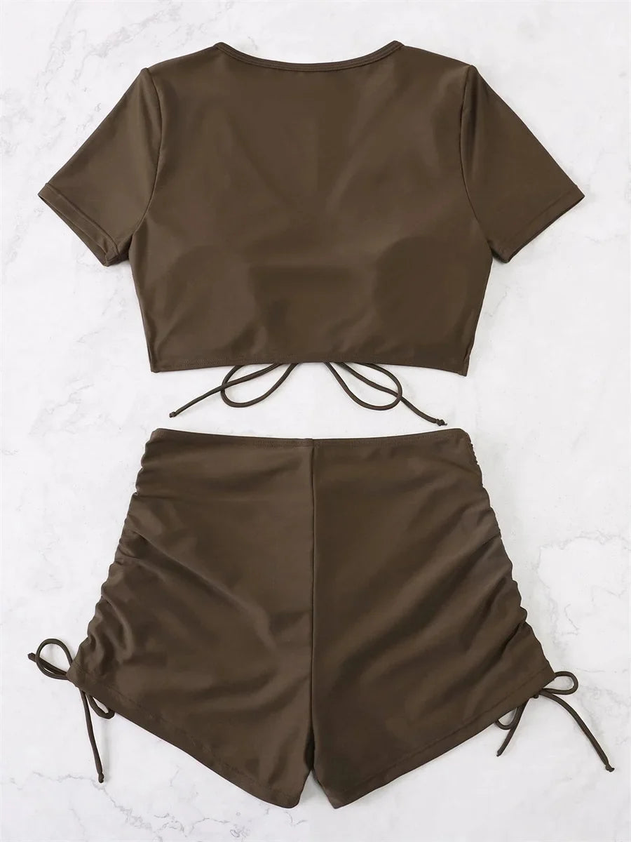 Sexy Drawstring Bikini Set 2026 Women Green Black Short Sleeve Two Piece Swimsuit Summer Bathing Suit Pleate High Waist Swimwear