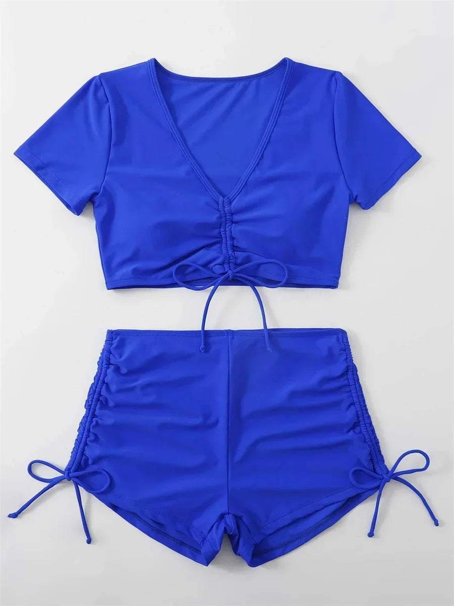 Sexy Drawstring Bikini Set 2026 Women Green Black Short Sleeve Two Piece Swimsuit Summer Bathing Suit Pleate High Waist Swimwear