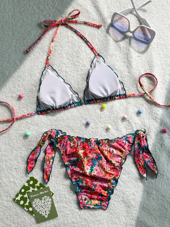 Cute Orange Floral Print Bikini Set Women Halter Ruffles Push Up Tie Side Thong Swimsuit 2026 Summer Bathing Suit Micro Swimwear