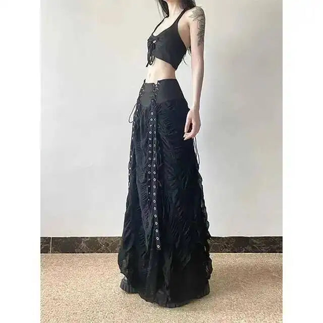 Y2K Lace Mesh Long Skirt Women Harajuku Vintage Patchwork Bandage Black Skirts Gothic Aesthetic High Waist Chic Long Skirts ODU6
