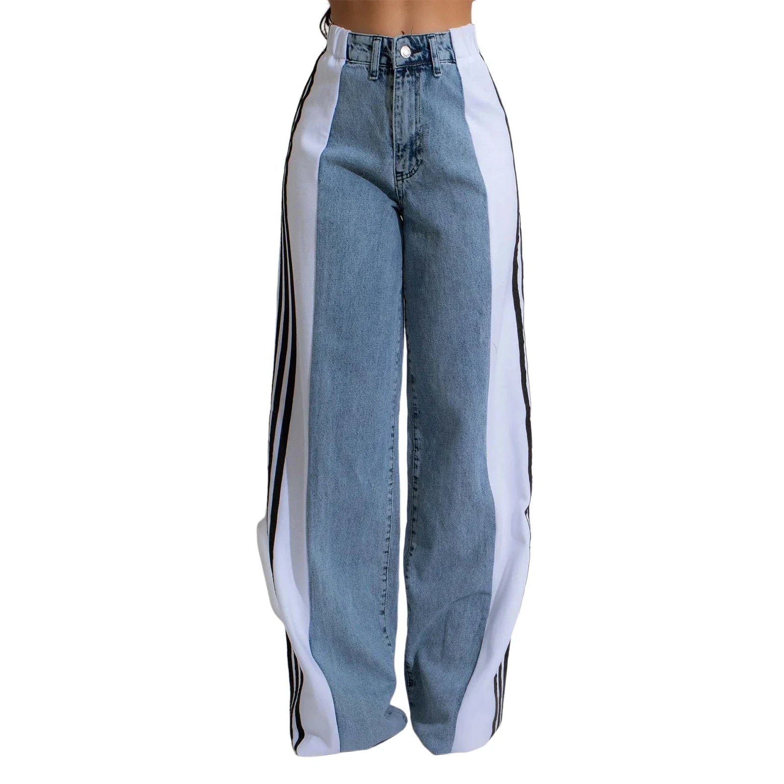 Women's Spring Summer Baggy Jeans Pants High Waist Loose Wide Leg Side Striped Denim Pants Streetwear
