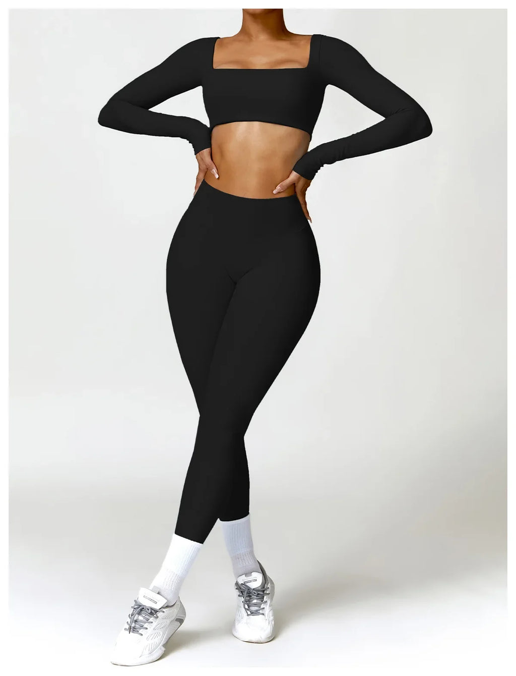 Hearuisavy Summer Casual Quick Dry Sportswear Women Square Neck Gym Top Women Fitness Sports Crop Top Long Sleeve Yoga Clothing