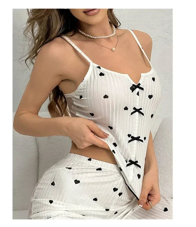 2-Piece Women's Sexy Transparent Mesh Lace Set with Ribbed Printed Strap Top and Pants Home Clothes Pajama Set