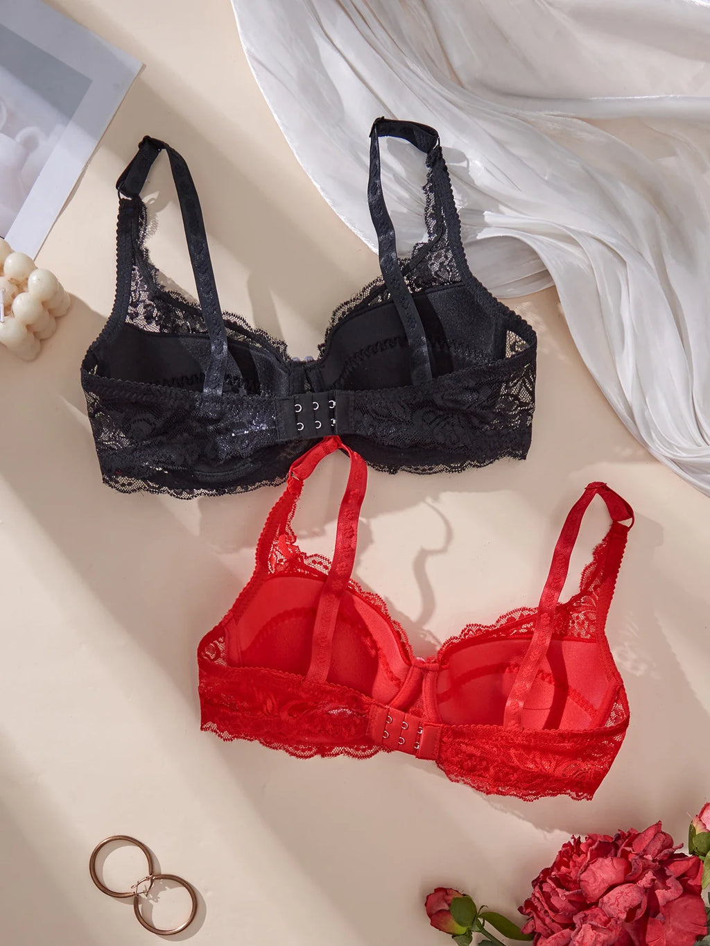 2Pcs Set Women's Sexy Bras Thin Lace Underwire Push-Up Soft Bra Adjustable Women's Underwear Set No Lining Breathable Comfortable