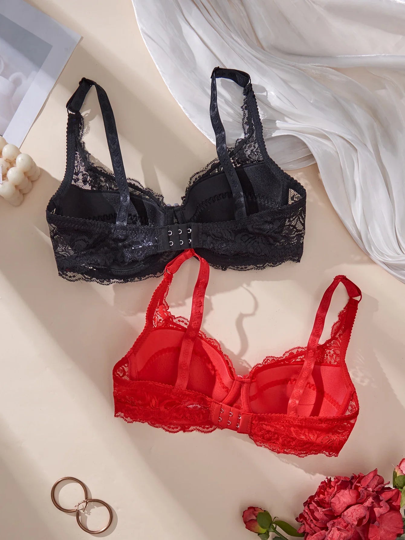 2Pcs Set Women's Sexy Bras Thin Lace Underwire Push-Up Soft Bra Adjustable Women's Underwear Set No Lining Breathable Comfortable